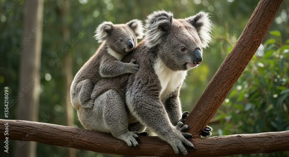 Fototapeta premium Mother Koala with Baby on Back in Natural Forest Habitat – Adorable Wildlife Moment