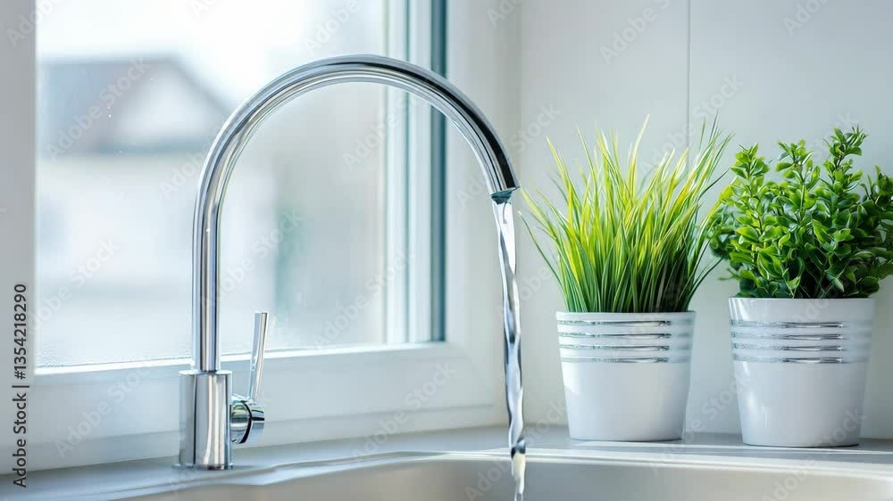 Water flows smoothly from a modern kitchen faucet positioned above a clean sink next to vibrant green plants on a windowsill Water flows smoothly from a modern kitchen faucet positioned above a clean sink next to vibrant green plants on a windowsill