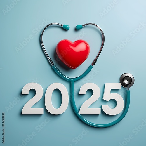 2025 Happy New Year for health care.heart health, health insurance concept, new year resolutions goal. yearly health checks and healthy trend. Red heart and stethoscope on blue background