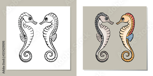 2 versions de 2 hippocampes face à face, une version en dessin filaire noir et une en couleur.