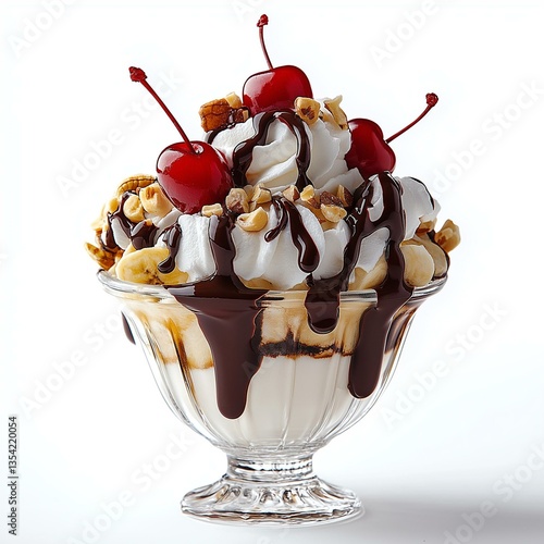 Delicious and decadent ice cream sundae topped with cherries and chocolate sauce.