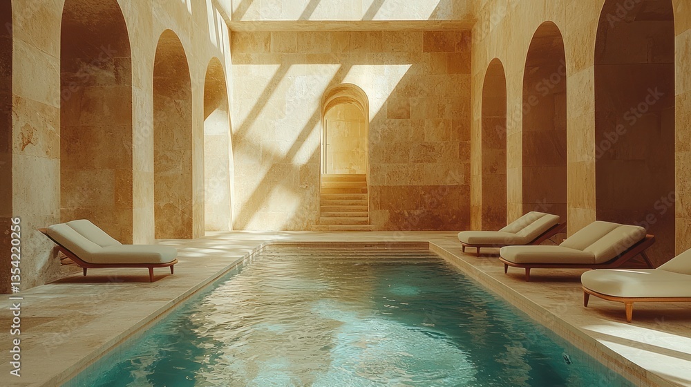 Obraz premium Sunlit indoor pool in a luxurious, arched stone spa