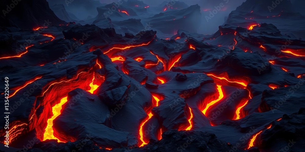 Glowing volcanic fissures in dark, wavy rock formations, heat, volcanic Glowing volcanic fissures in dark, wavy rock formations, heat, volcanic
