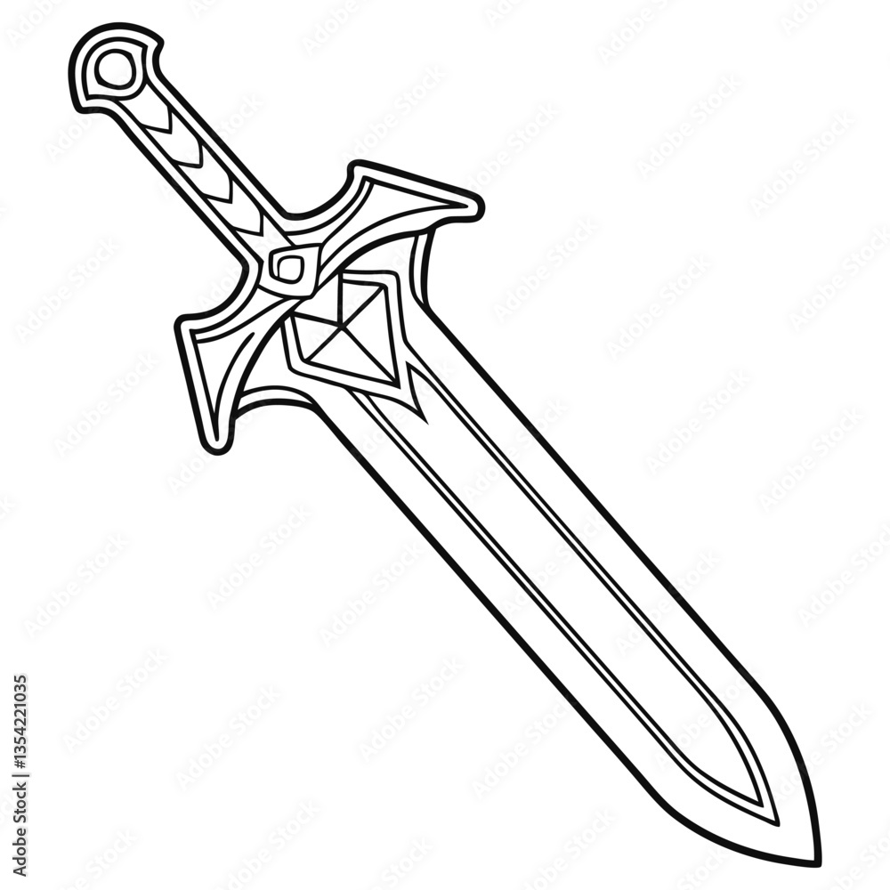 Fototapeta premium Ornamental Sword Black and White Outline with Intricate Hilt and Blade Design Isolated