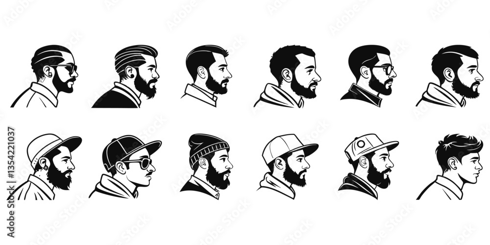 Side Profile Hipster Beard & Hairstyle Vector Icons set,Trendy Male Faces, Barbershop, Fashion Illustration,Handsome face man beard man emblems icons,Beards and mustaches types big collection Side Profile Hipster Beard & Hairstyle Vector Icons set,Trendy Male Faces, Barbershop, Fashion Illustration,Handsome face man beard man emblems icons,Beards and mustaches types big collection