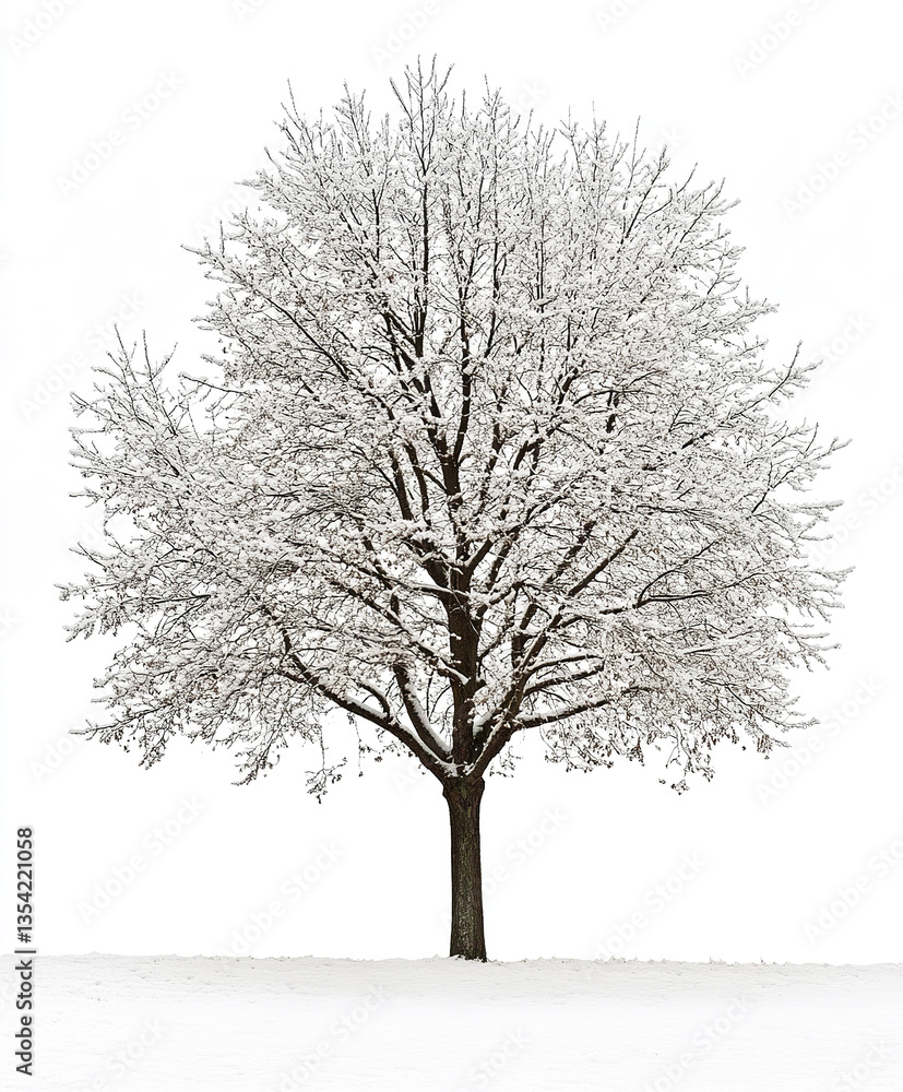 solitary tree covered in snow stands against white background solitary tree covered in snow stands against white background