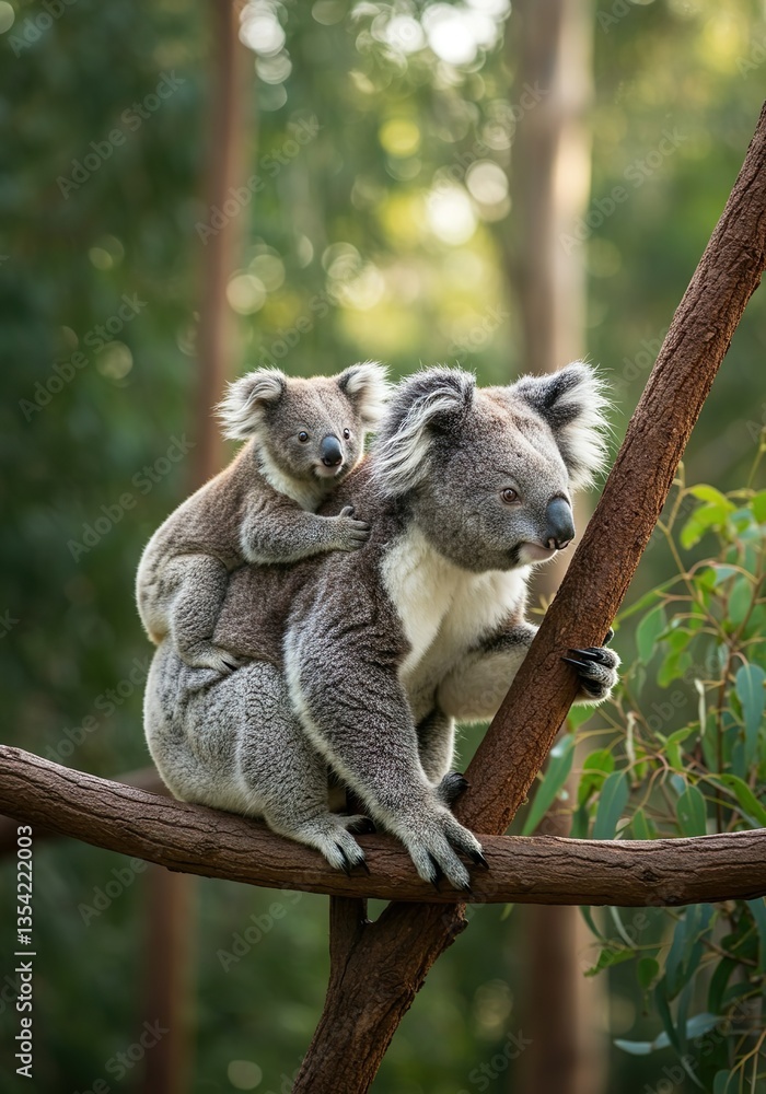 Naklejka premium Mother Koala with Baby on Back in Natural Forest Habitat – Adorable Wildlife Moment