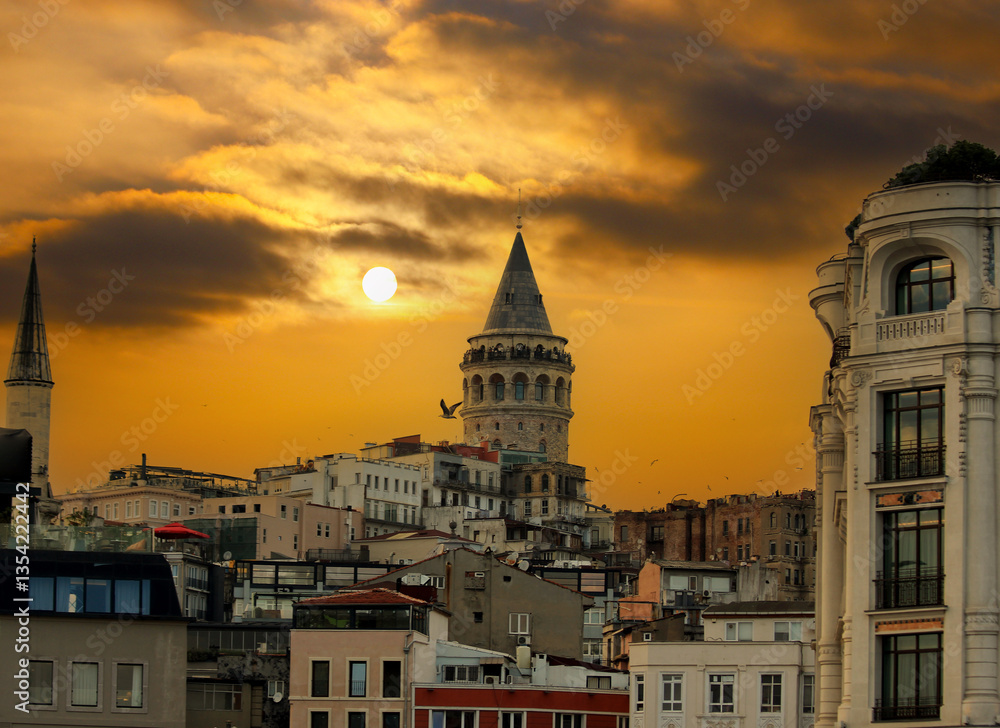 Fototapeta premium Istanbul Galata Tower and dramatic sunset