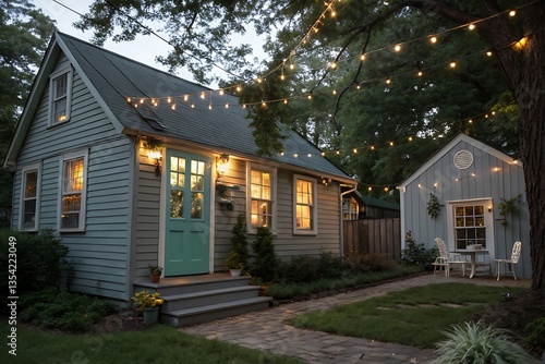 A gray ranch style model Hedges around modern house