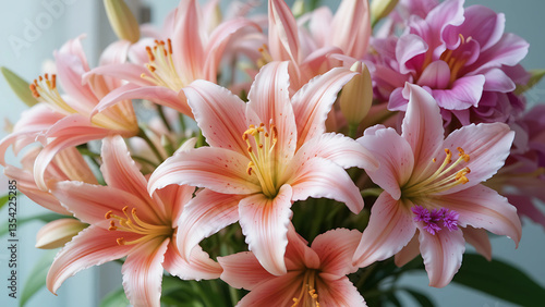 A bouquet of pastel lilies and orchids.