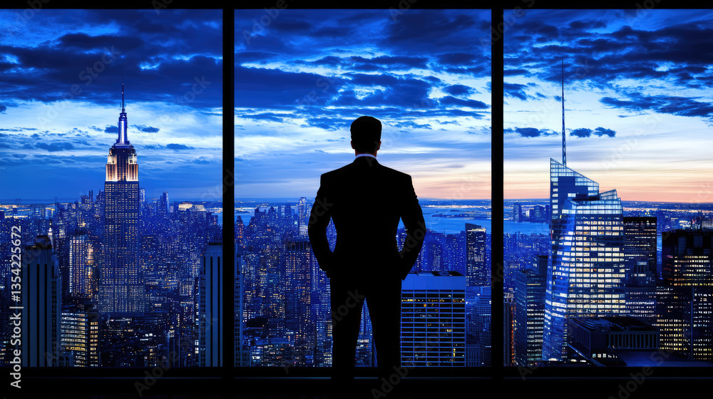 Fototapeta premium Executive leader reflecting while gazing at metropolitan skyline