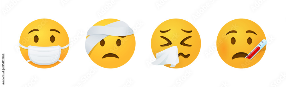 Fototapeta premium Vector round yellow cartoon emoticons sick in mask, temperature, sneezing, cough emoji, fever, vector 10 eps.