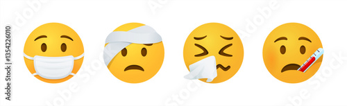 Vector round yellow cartoon emoticons sick in mask, temperature, sneezing, cough emoji, fever, vector 10 eps.