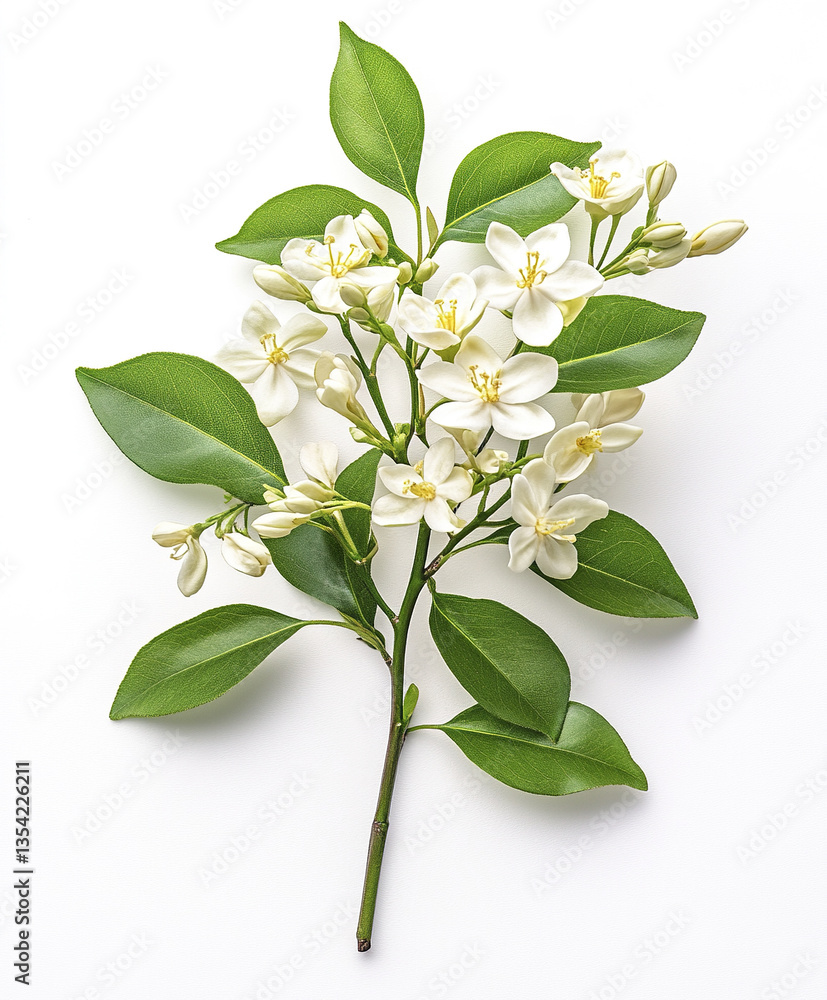 Obraz premium White Wrightia flowers with green leaves on white background