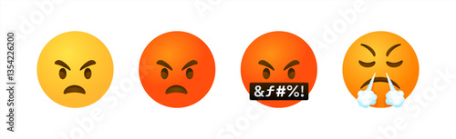 Emojis angry emoticon characters vector set. Emoji emoticon character in evil, drunk, mad, explode, tired and devil facial expression in white background. Vector 10 eps.