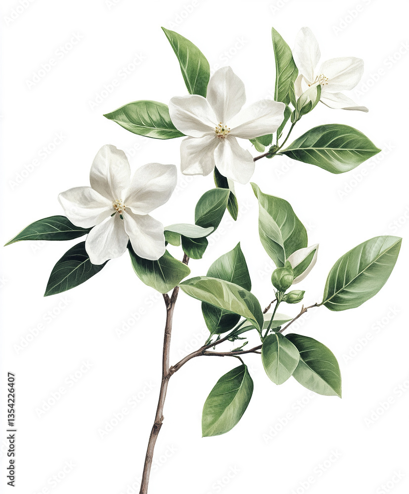 Fototapeta premium White Wrightia flowers with green leaves on white background