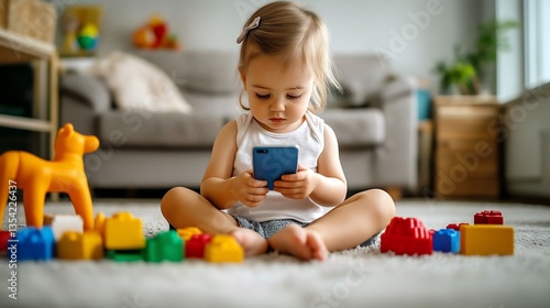 Child engaged with smartphone among colorful toys in bright room