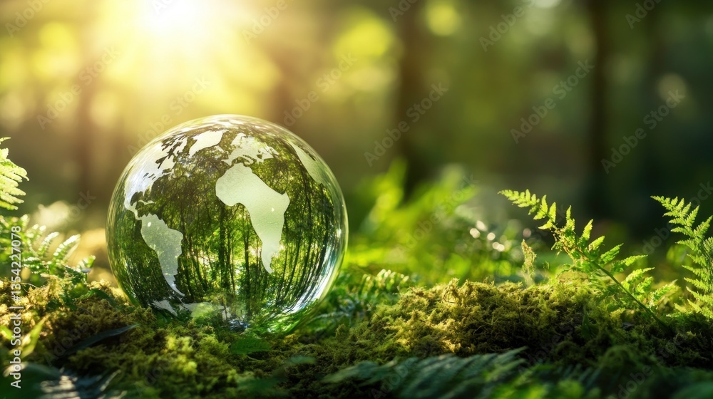 Crystal globe reflecting a lush forest on a bed of moss Crystal globe reflecting a lush forest on a bed of moss