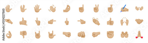 All hand emojis, stickers in all skin colors. Hand emoticons vector illustration symbols set, collection. Hands, handshakes, muscle, finger, fist, direction, like, unlike, fingers. Vector 10 eps.