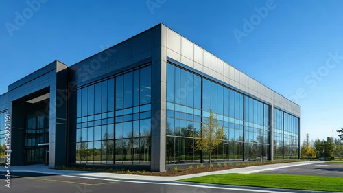 Wallpaper Mural A sleek office structure features expansive glass panels and is situated in a landscaped area with trees and open space Torontodigital.ca