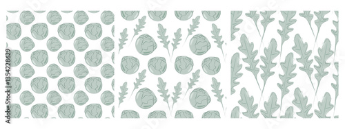 Brussels sprout heads Arugula leaves Monochrome Seamless Patterns Healthy Food Background idea Set 3