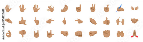 All hand emojis, stickers in all skin colors. Hand emoticons vector illustration symbols set, collection. Hands, handshakes, muscle, finger, fist, direction, like, unlike, fingers. Vector 10 eps.
