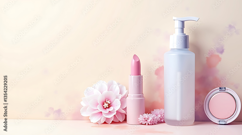 The scene features a silky highlighter compact, a soft pink lipstick, and a light pastel nail polish bottle, The scene features a silky highlighter compact, a soft pink lipstick, and a light pastel nail polish bottle,