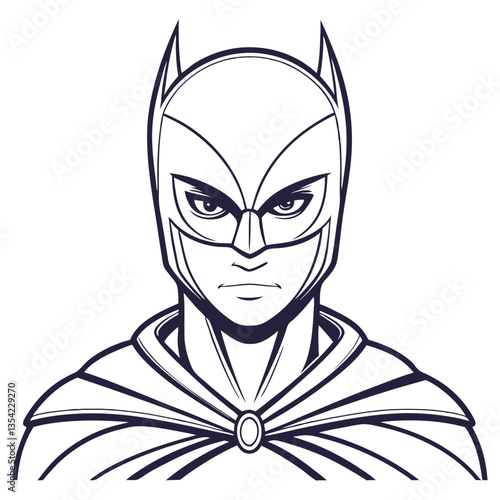Line Art Portrait of Mysterious Caped Superhero with Mask and Cloak, Bold Outline
