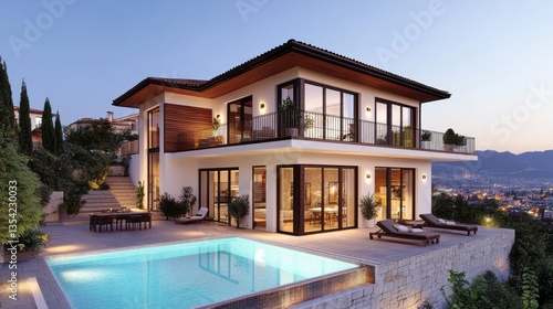 Wallpaper Mural Luxurious modern villa with pool overlooking city at dusk Torontodigital.ca