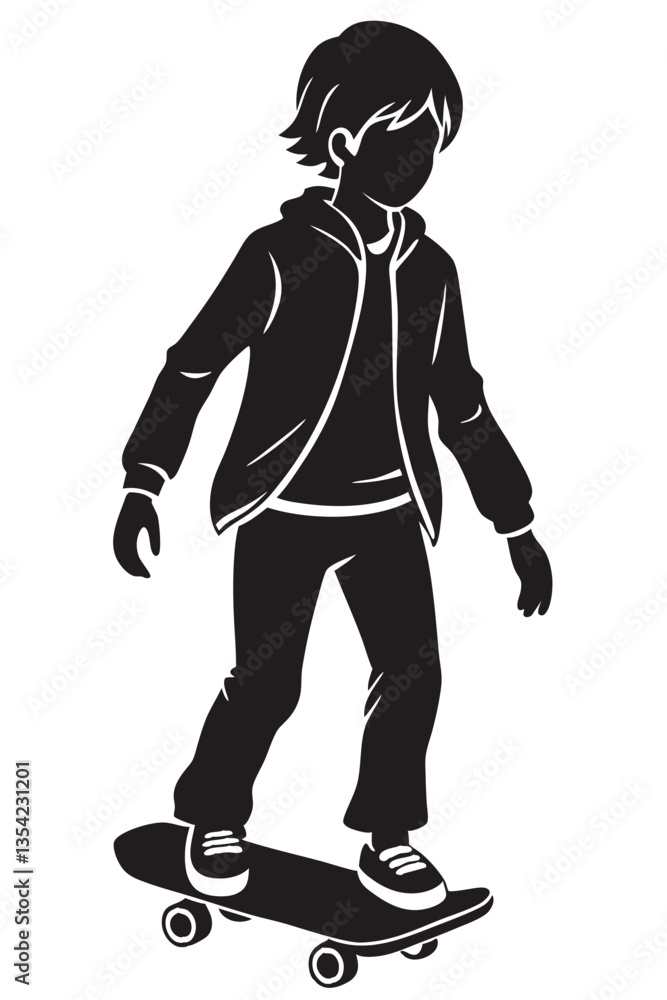 Boy ride skateboard vector silhouette illustration isolated on white background