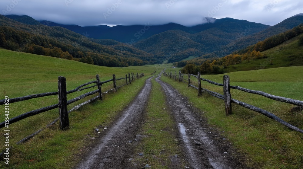 Scenic dirt road winding through a valley, framed by rolling hills and rustic wooden fences. Misty mountains in the distance Scenic dirt road winding through a valley, framed by rolling hills and rustic wooden fences. Misty mountains in the distance