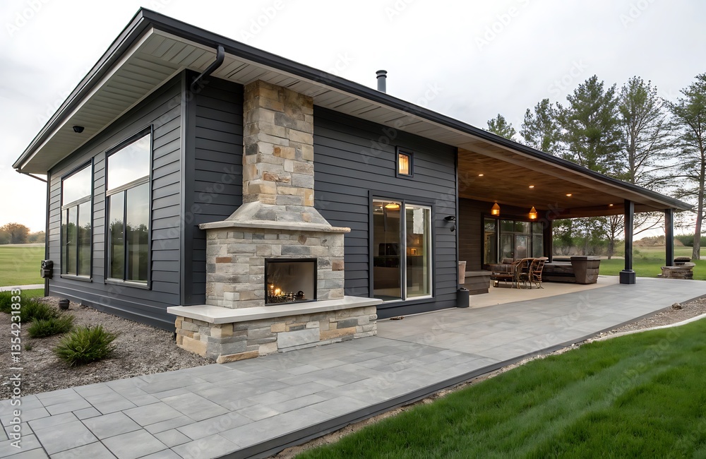 A gray ranch style model Hedges around modern house A gray ranch style model Hedges around modern house