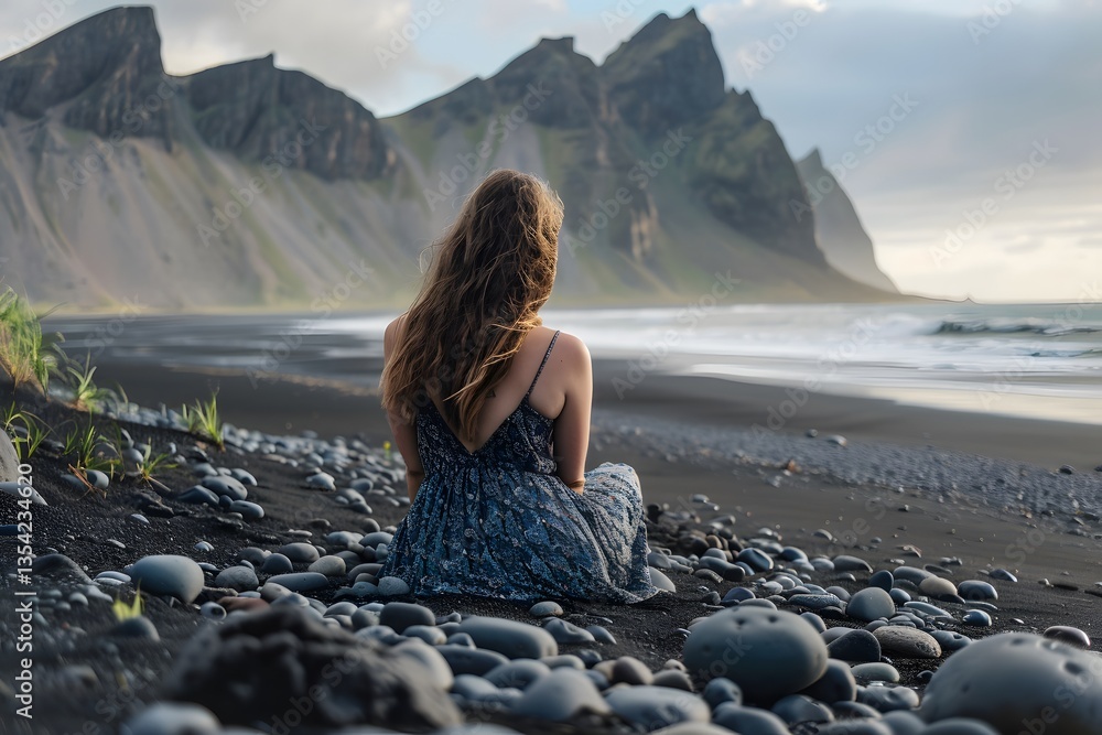 Woman Sitting on Black Sand Beach Looking at Mountain Coastline Woman Sitting on Black Sand Beach Looking at Mountain Coastline