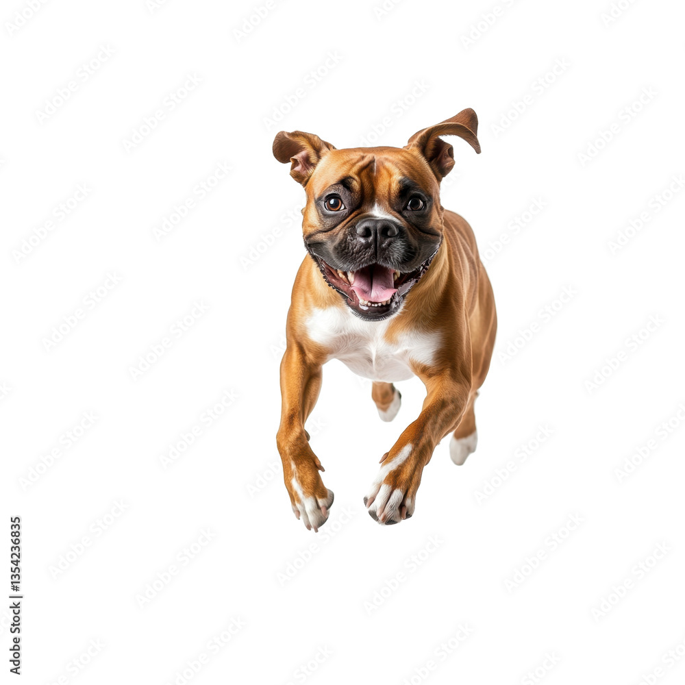 Obraz premium A lively boxer dog leaps in mid-air, showcasing its playful spirit against a transparent backdrop, radiating happiness and excitement.