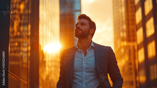 confident rich business man in elegant attire standing on city street at sunset enjoying luxury lifestyle economic growth leadership vision and investment ideas for prosperous future