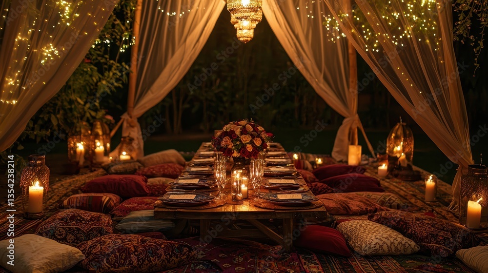 Fototapeta premium Cozy Tent Dinner with Rose Bouquet