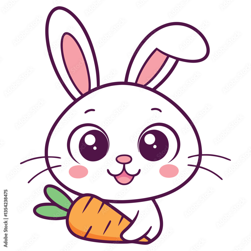 Cute Cartoon Bunny Holding Carrot Isolated on White Background. Adorable Easter Rabbit Cute Cartoon Bunny Holding Carrot Isolated on White Background. Adorable Easter Rabbit