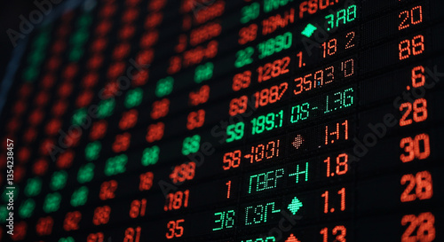 Electronic stock exchange board displaying numbers and stock variations, financial market data, real-time trading information, and investment trends analysis