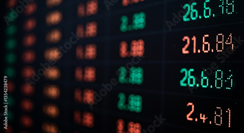 Electronic stock exchange board displaying numbers and stock variations, financial market data, real-time trading information, and investment trends analysis