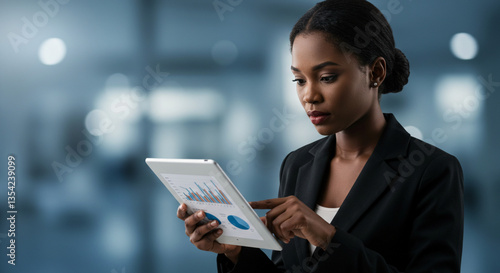 Black businesswoman analyzing financial charts on a tablet, professional finance and investment strategy, economic data review, and digital business management