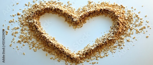 An artistic heart shape created from scattered oat flakes on white surface