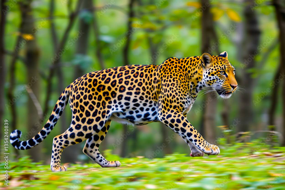 Obraz premium Fierce Angry Leopard with Sharp Focus, Displaying Its Intense Gaze Against a Blurred Bokeh Background, Vibrant Wallpaper