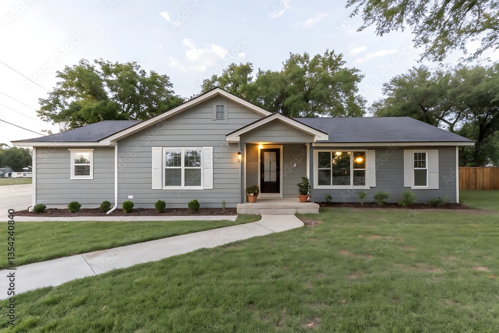 A gray ranch style model Hedges around modern house A gray ranch style model Hedges around modern house