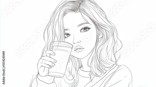 A cute girl with a drink in her hand, full body, thick lines, no shading, sketch, minimalist style, coloring illustration, line drawing, black and white, white background