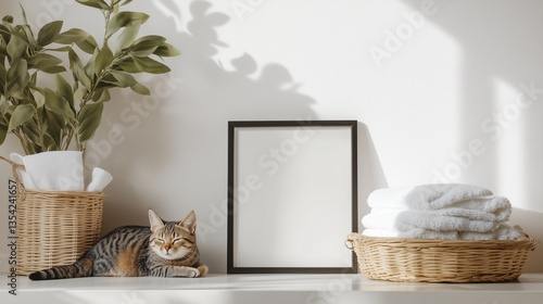 A modern, minimalist bathroom mockup features a black frame on a white wall, hand towels in a basket, and a sleeping tabby cat on the counter, showcasing artwork in a warm, inviting space