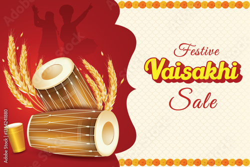 Vaisakhi Festival Celebration With Drums, Wheat Grain and Silhouette Of Punjabi People Dancing On Red Color Background. Indian Ethnic Festive Sale Celebration Theme Concept Vector Illustration.