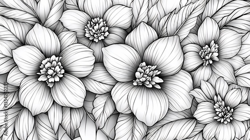 Monochrome floral illustration with detailed line art of blooming flowers.