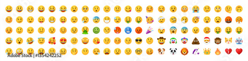 Funny cartoon yellow emoji and emotions icon collection. Mood and facial emotion icons. Crying, smile, laughing, joyful, sad, angry and happy faces, emoticons vector set 10 eps.