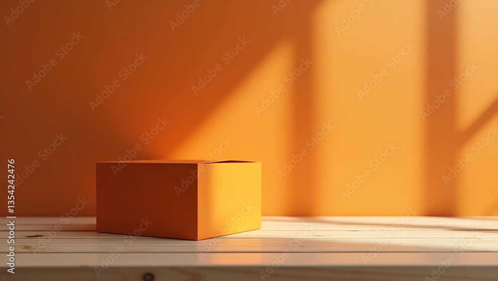 Orange Box on Wooden Table: Captivating Natural Lighting Showcasing Texture and Color in Minimalist Home Decor - Perfect for Stock Photography with Empty Space for Design Concepts Orange Box on Wooden Table: Captivating Natural Lighting Showcasing Texture and Color in Minimalist Home Decor - Perfect for Stock Photography with Empty Space for Design Concepts