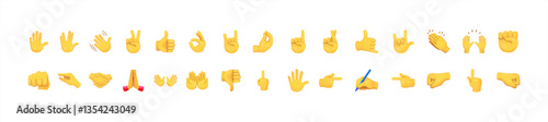 All hand emojis, stickers in all skin colors. Hand emoticons vector illustration symbols set, collection. Hands, handshakes, muscle, finger, fist, direction, like, unlike, fingers. Vector 10 eps.